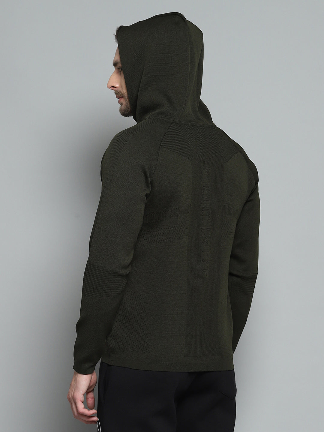 Rock.it Men Olive Self Design Hooded Full Sleeve Pullover