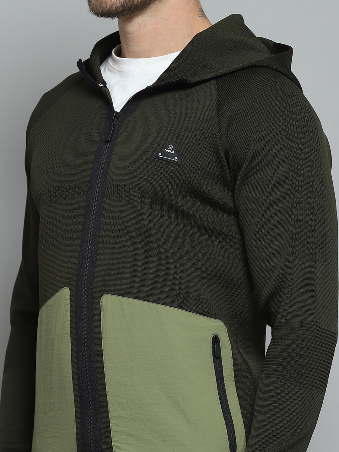 Rock.it Men Olive Self Design Hooded Full Sleeve Pullover