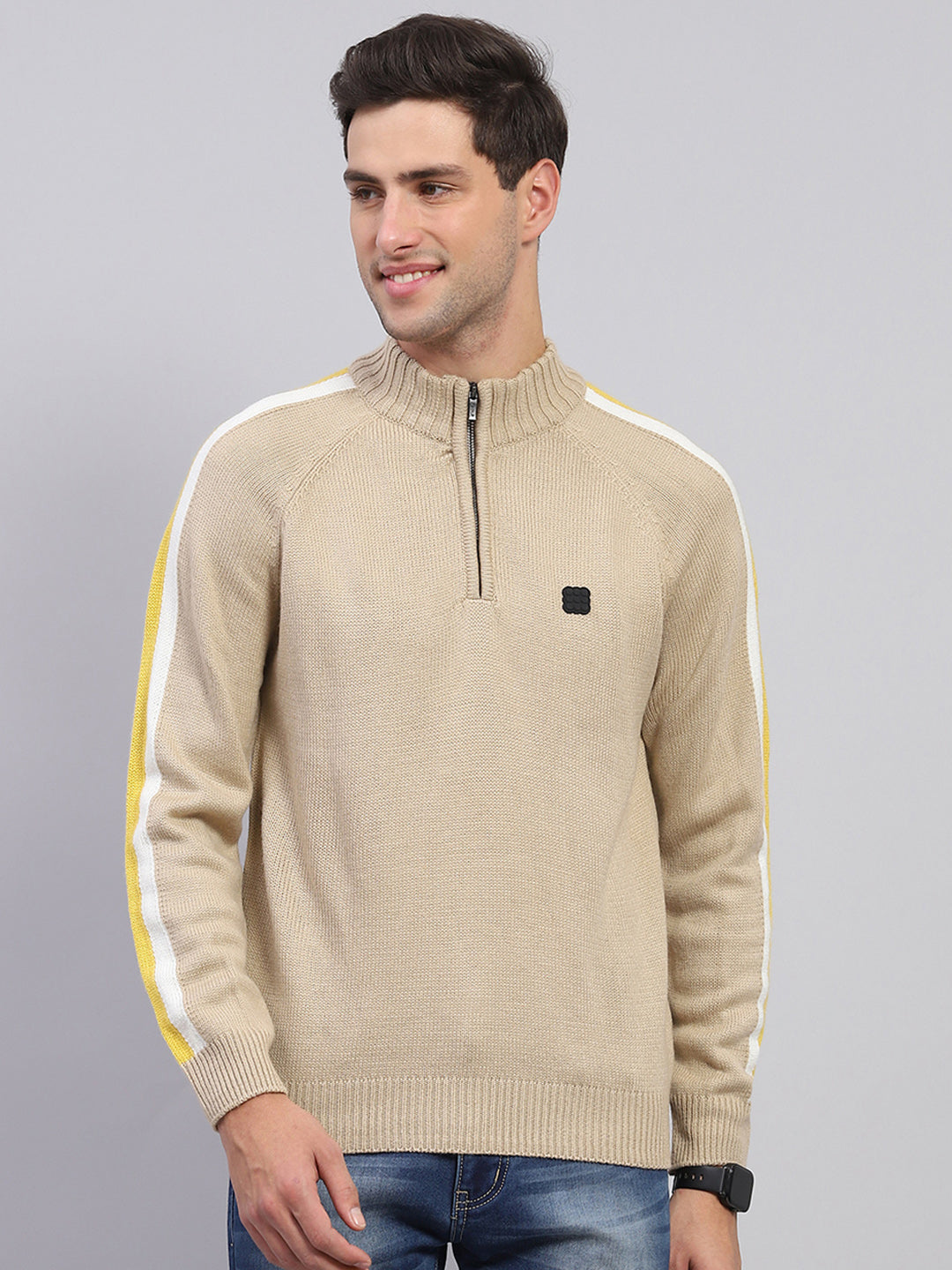 Rock.it Men Beige Solid Mock Neck Full Sleeve Pullover