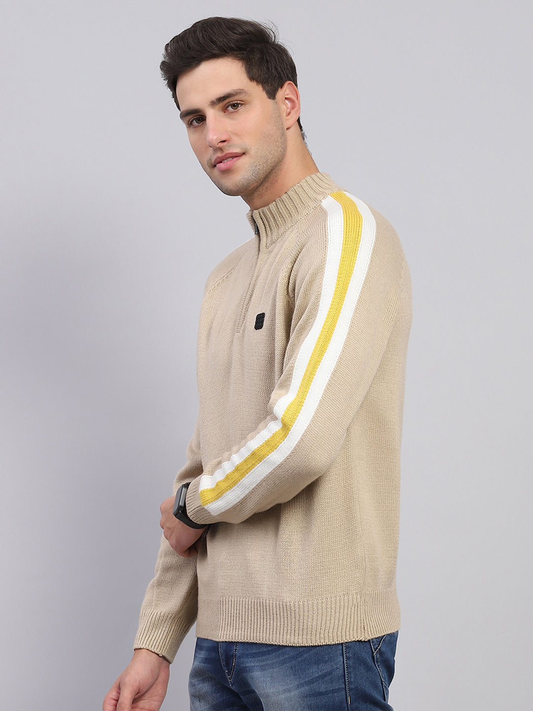 Rock.it Men Beige Solid Mock Neck Full Sleeve Pullover