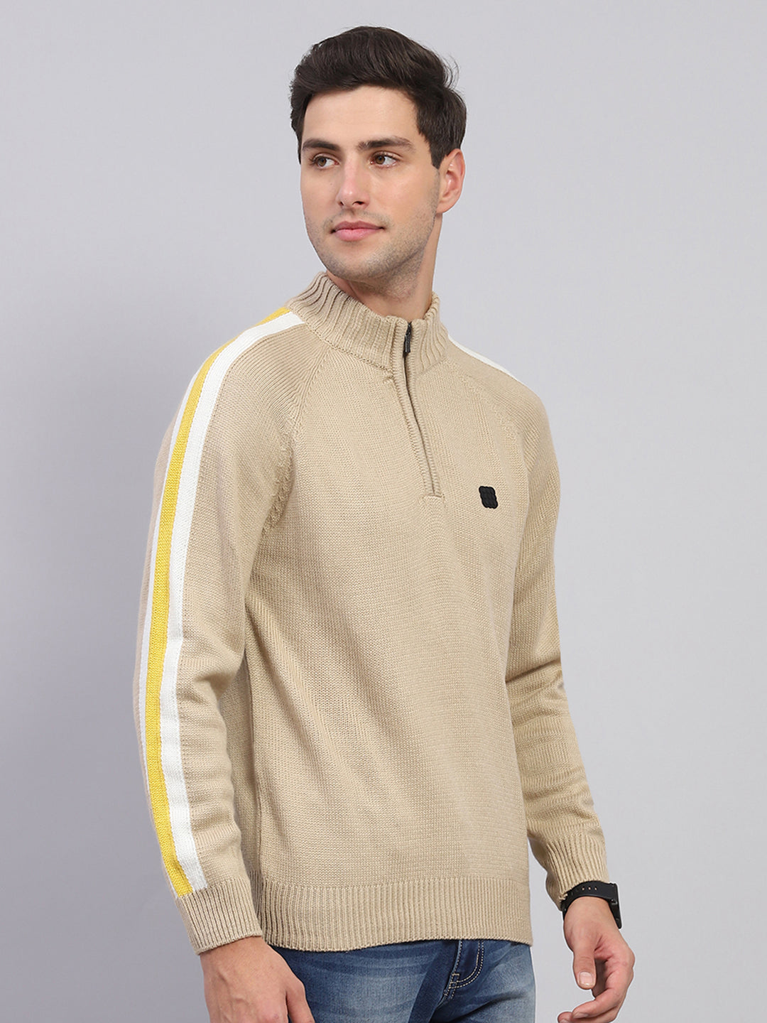 Rock.it Men Beige Solid Mock Neck Full Sleeve Pullover