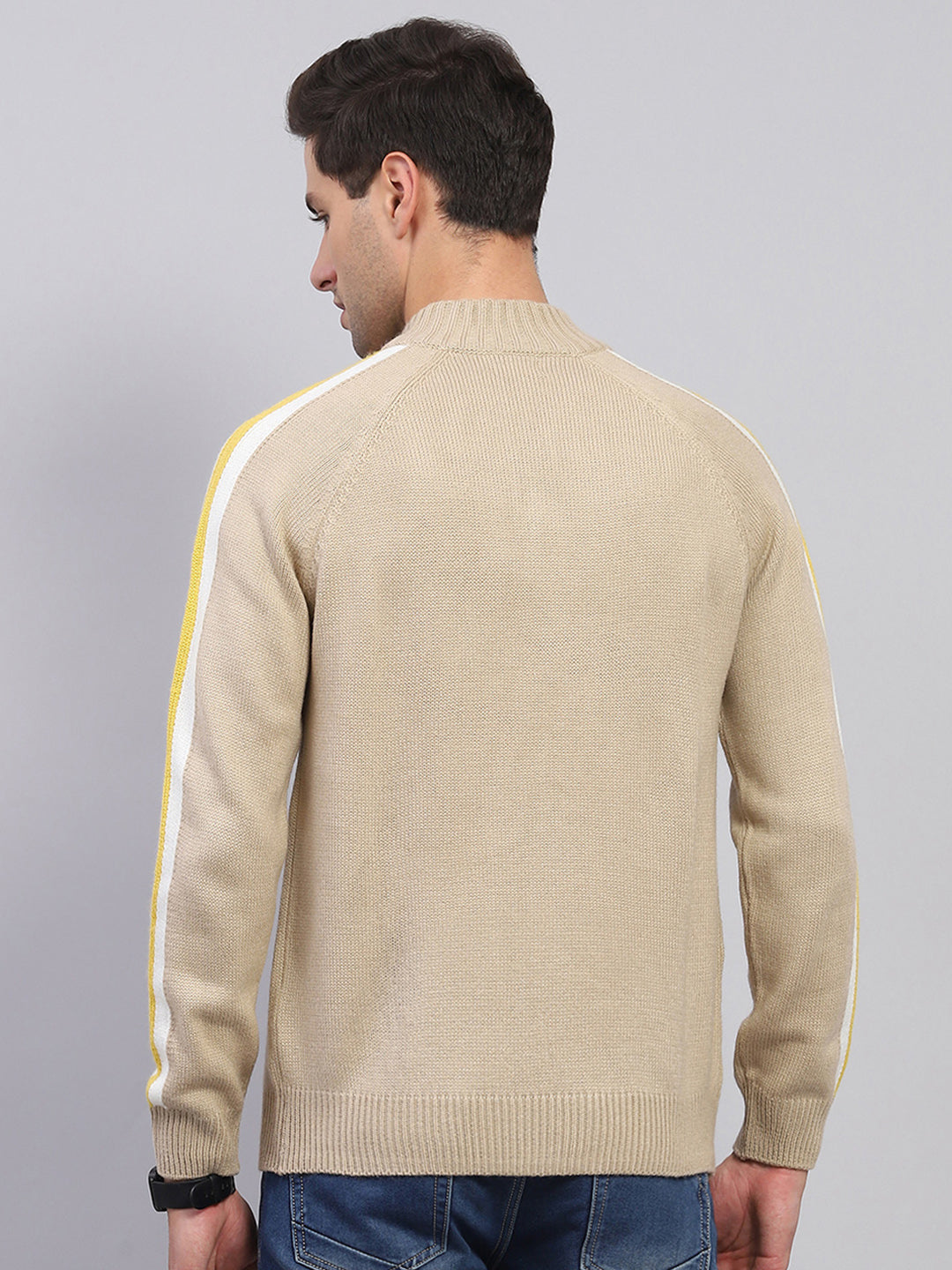 Rock.it Men Beige Solid Mock Neck Full Sleeve Pullover