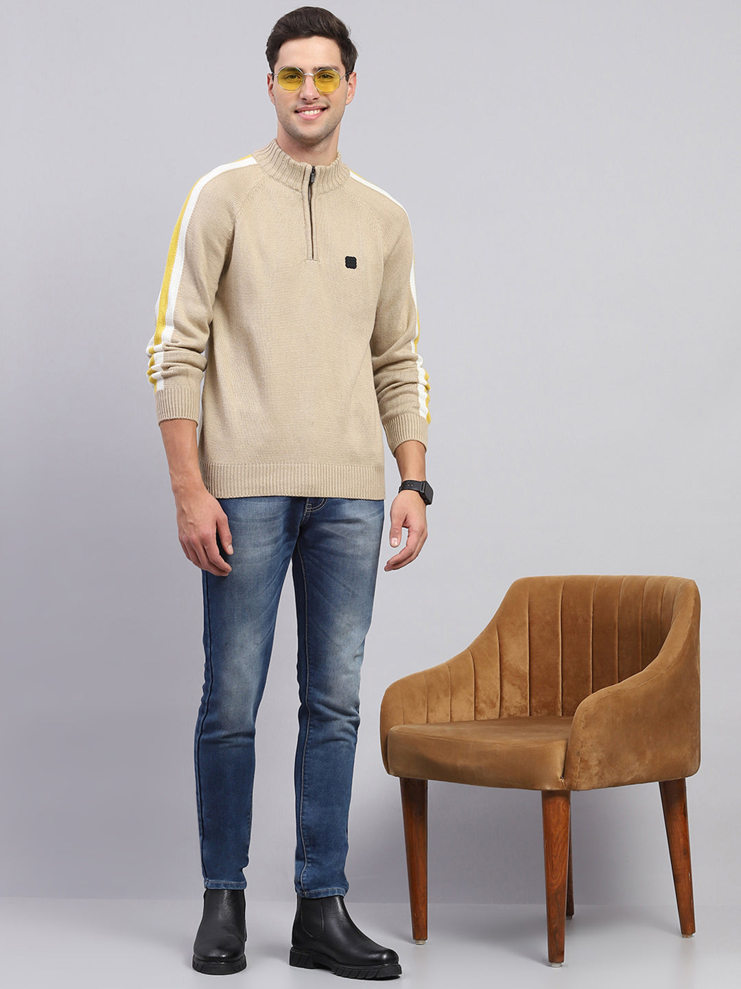 Rock.it Men Beige Solid Mock Neck Full Sleeve Pullover