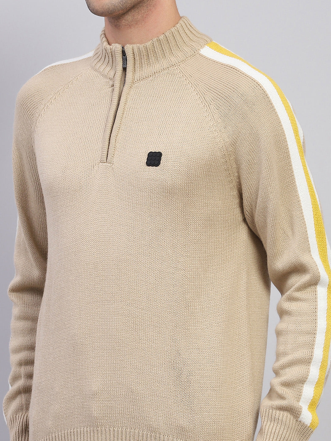 Rock.it Men Beige Solid Mock Neck Full Sleeve Pullover
