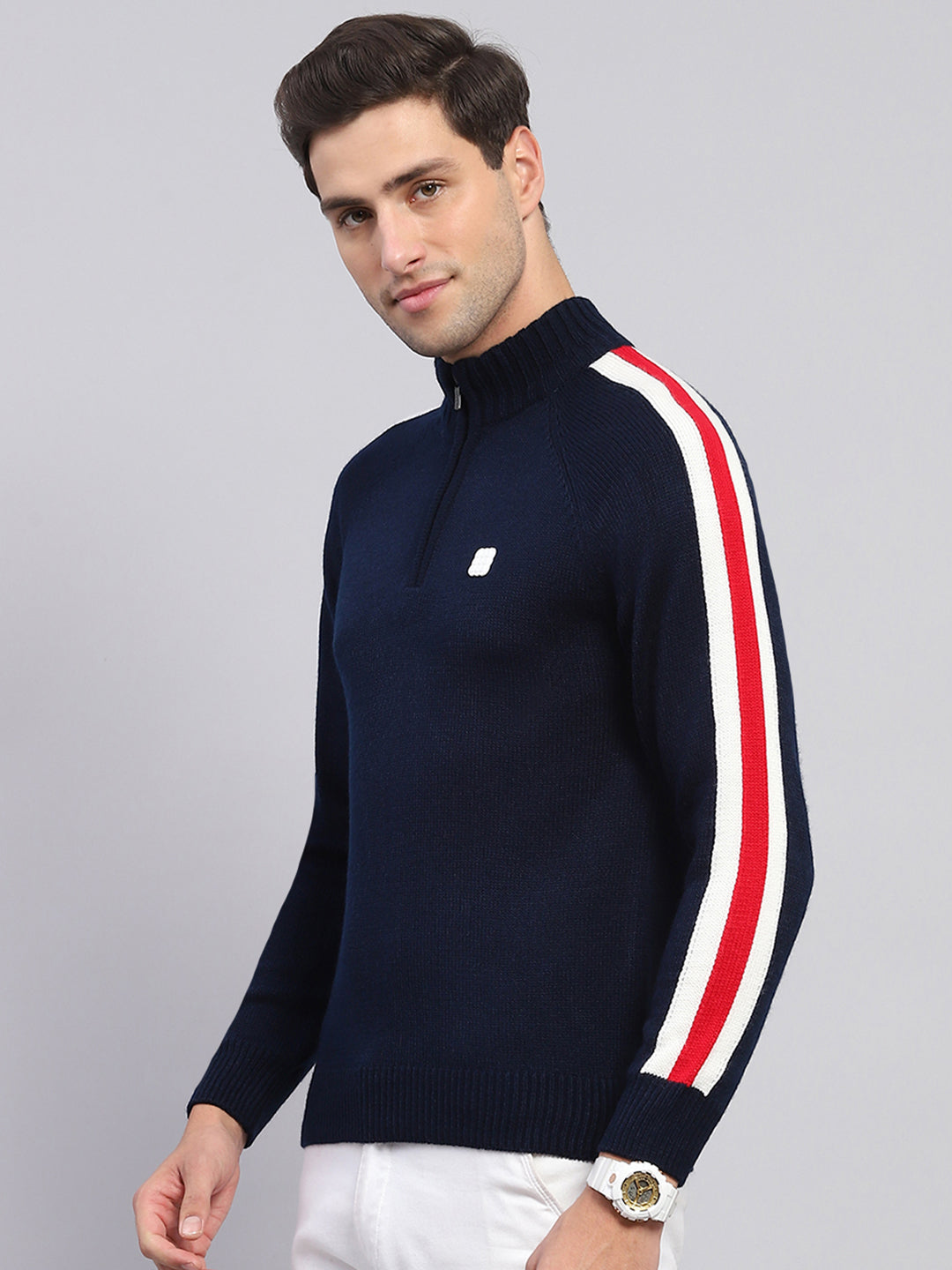 Rock.it Men Navy Blue Solid Mock Neck Full Sleeve Pullover