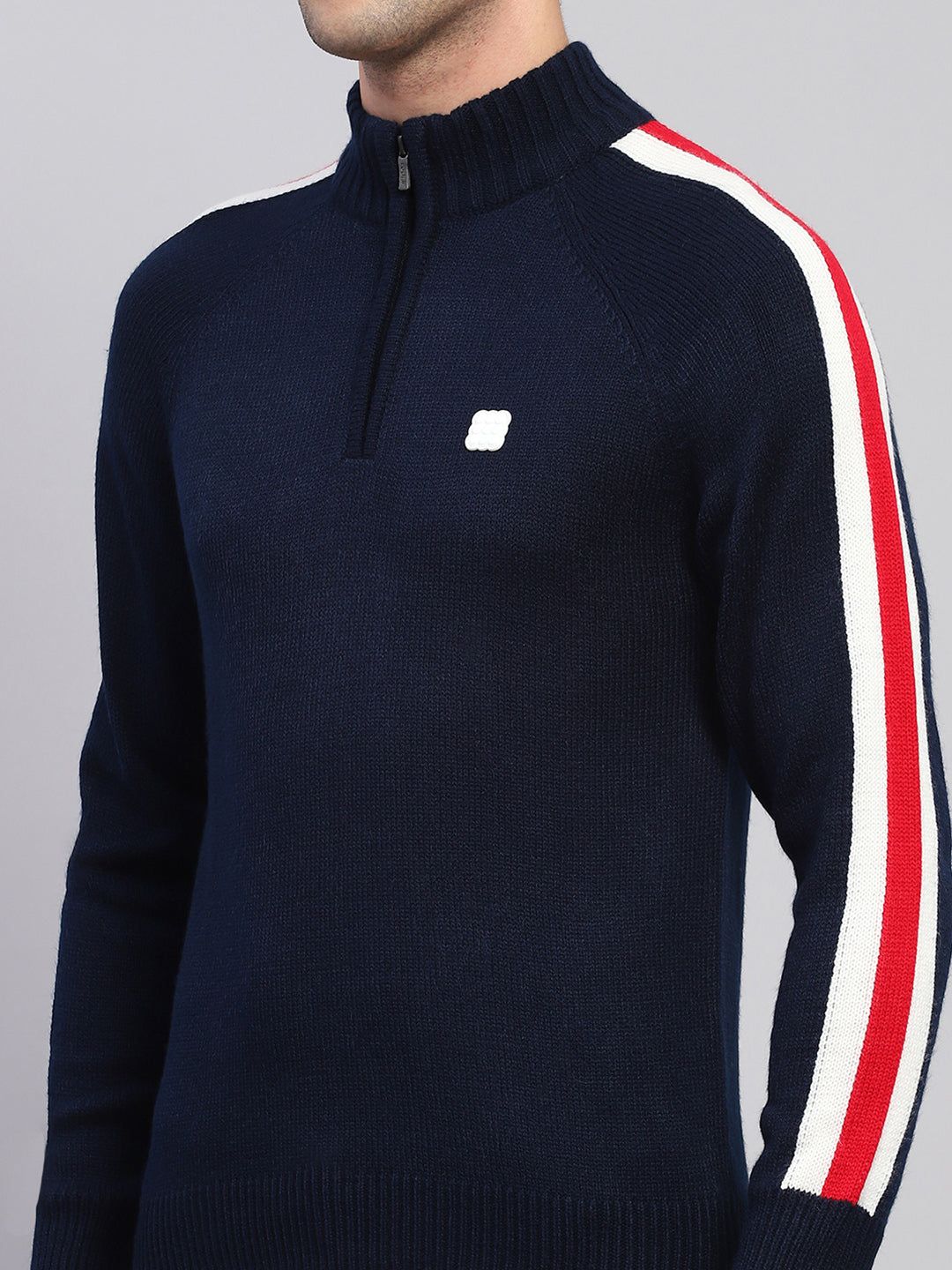 Rock.it Men Navy Blue Solid Mock Neck Full Sleeve Pullover