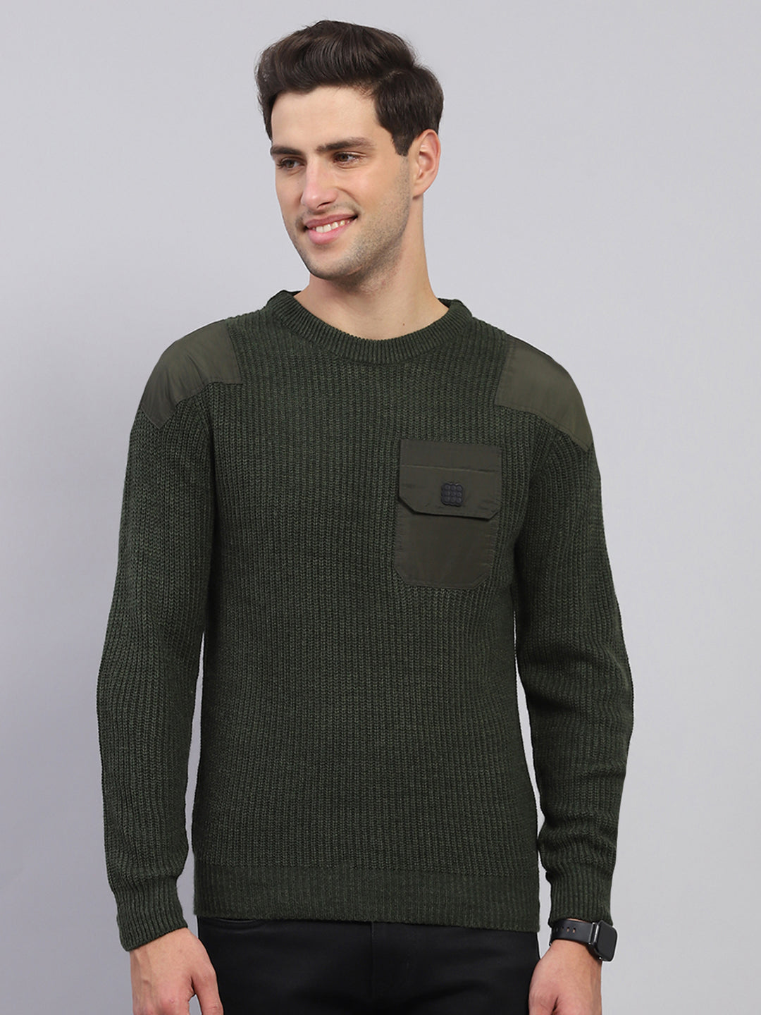 Rock.it Men Olive Solid Round Neck Full Sleeve Pullover
