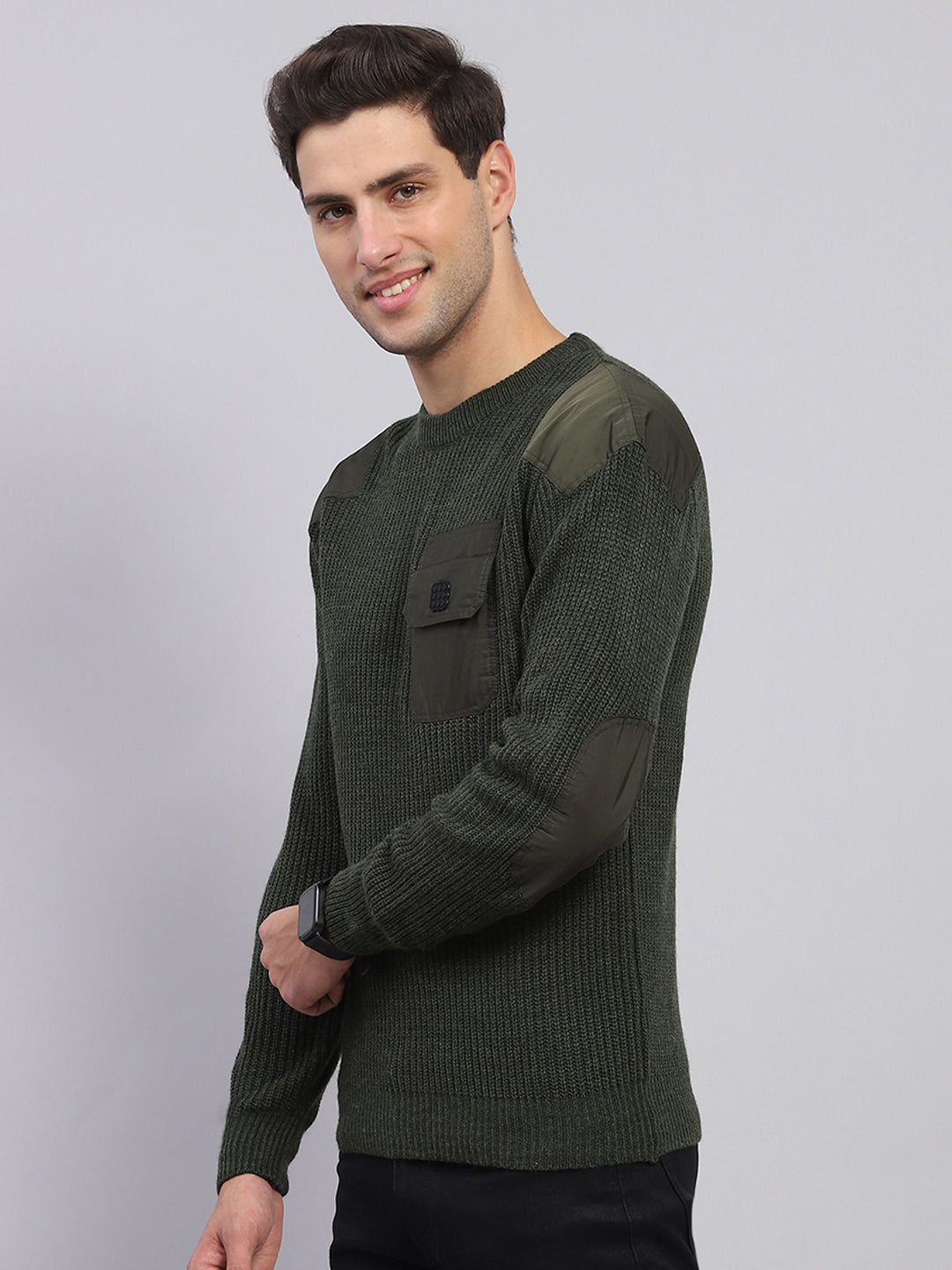 Rock.it Men Olive Solid Round Neck Full Sleeve Pullover