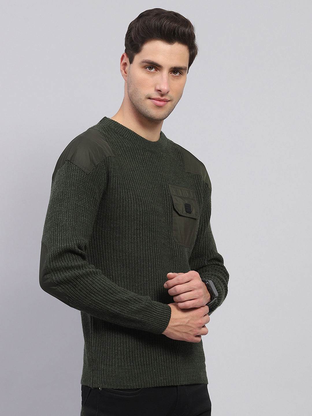 Rock.it Men Olive Solid Round Neck Full Sleeve Pullover