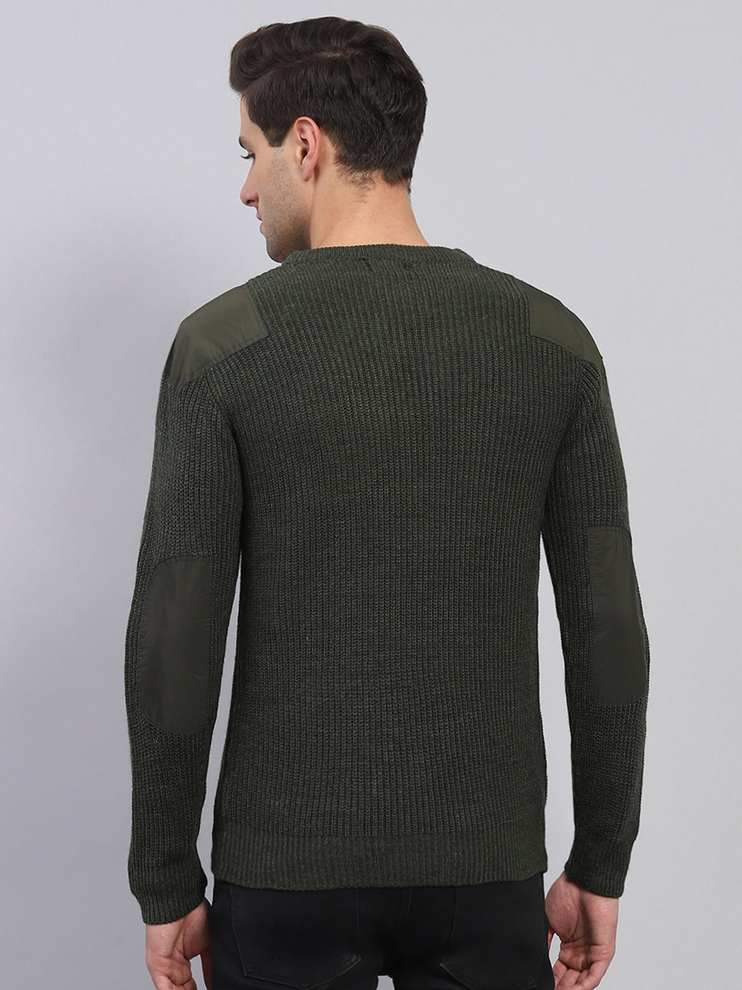 Rock.it Men Olive Solid Round Neck Full Sleeve Pullover