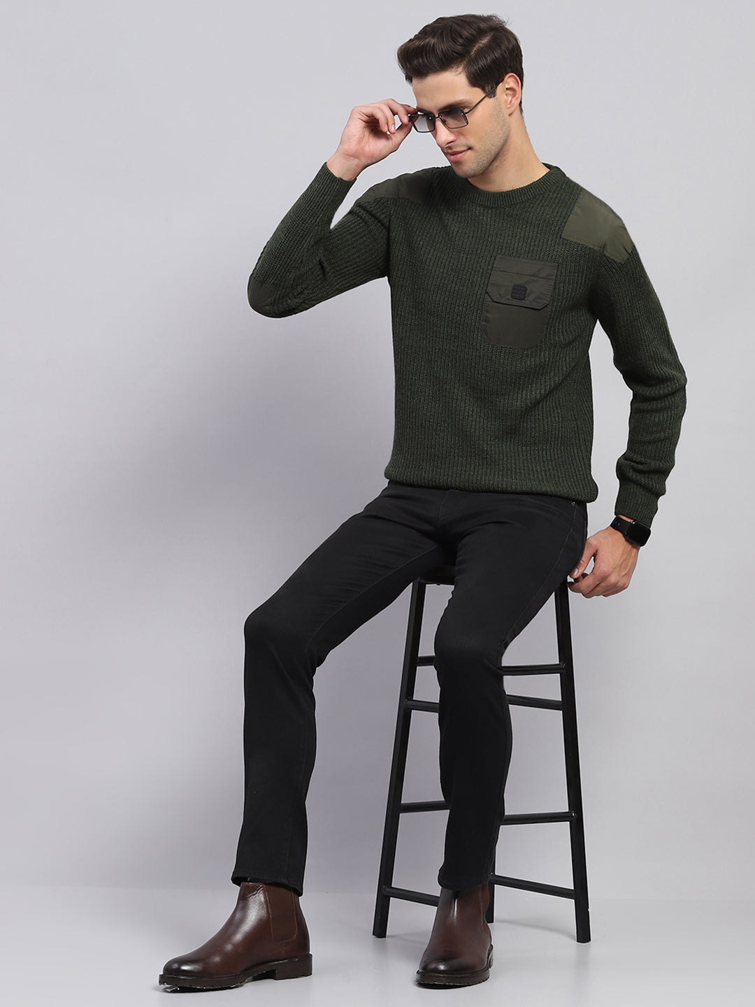 Rock.it Men Olive Solid Round Neck Full Sleeve Pullover