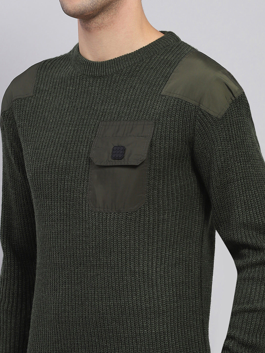 Rock.it Men Olive Solid Round Neck Full Sleeve Pullover