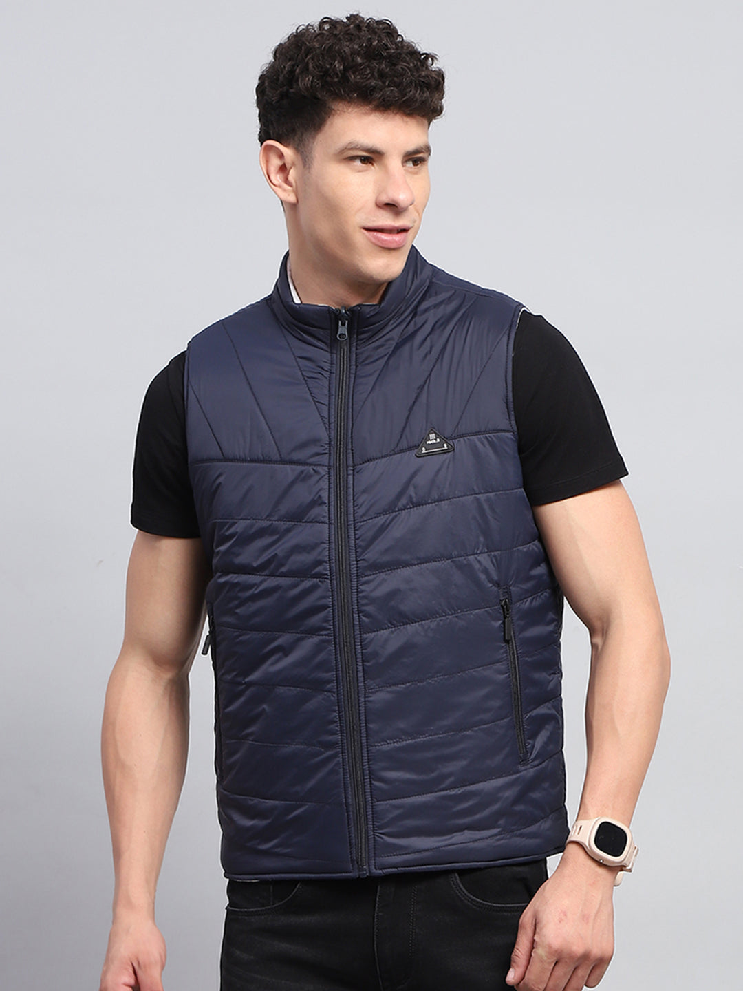 Rock.it Men Navy Blue Solid Mock Neck Sleeveless Reversible Jacket