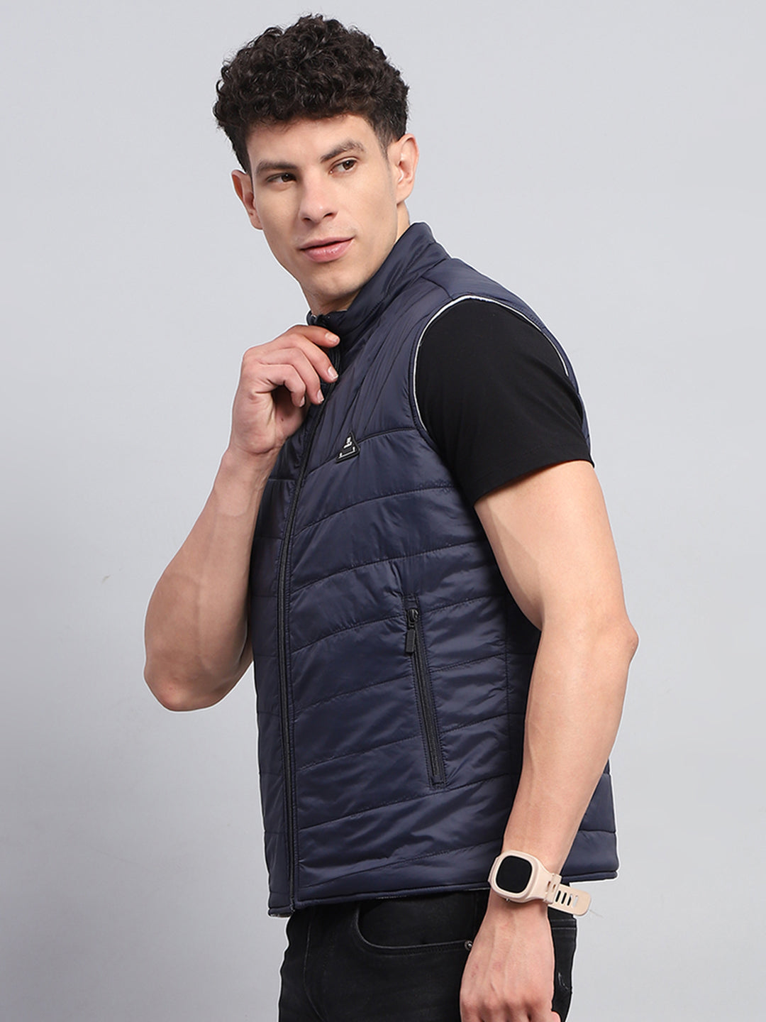 Rock.it Men Navy Blue Solid Mock Neck Sleeveless Reversible Jacket
