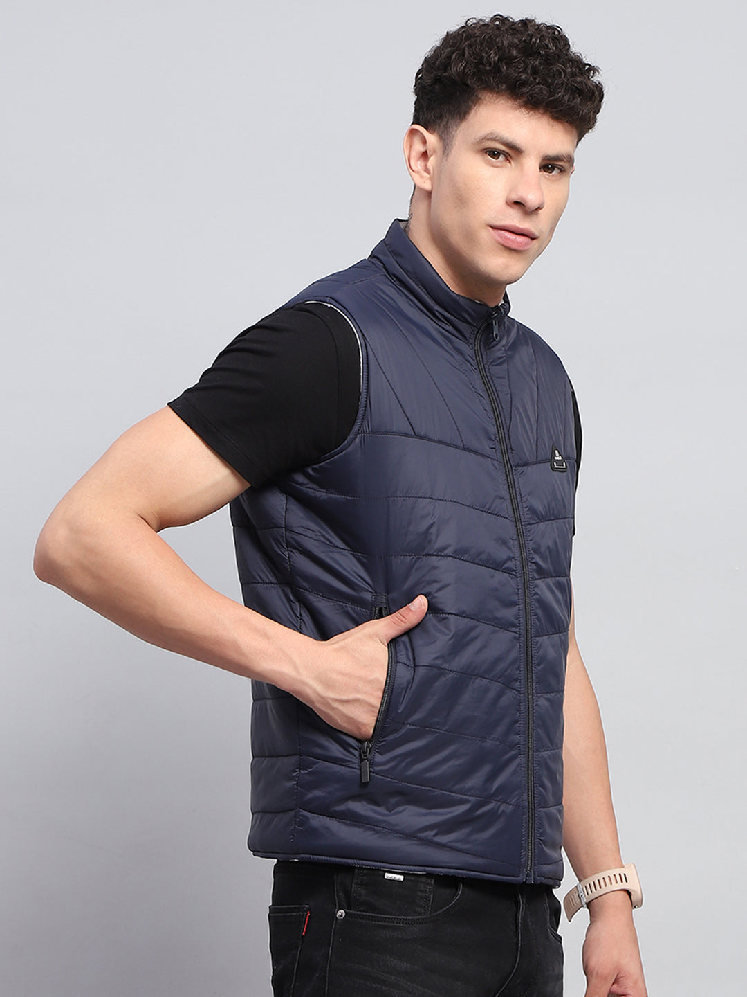 Rock.it Men Navy Blue Solid Mock Neck Sleeveless Reversible Jacket