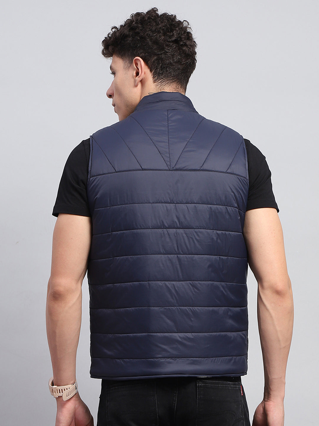 Rock.it Men Navy Blue Solid Mock Neck Sleeveless Reversible Jacket