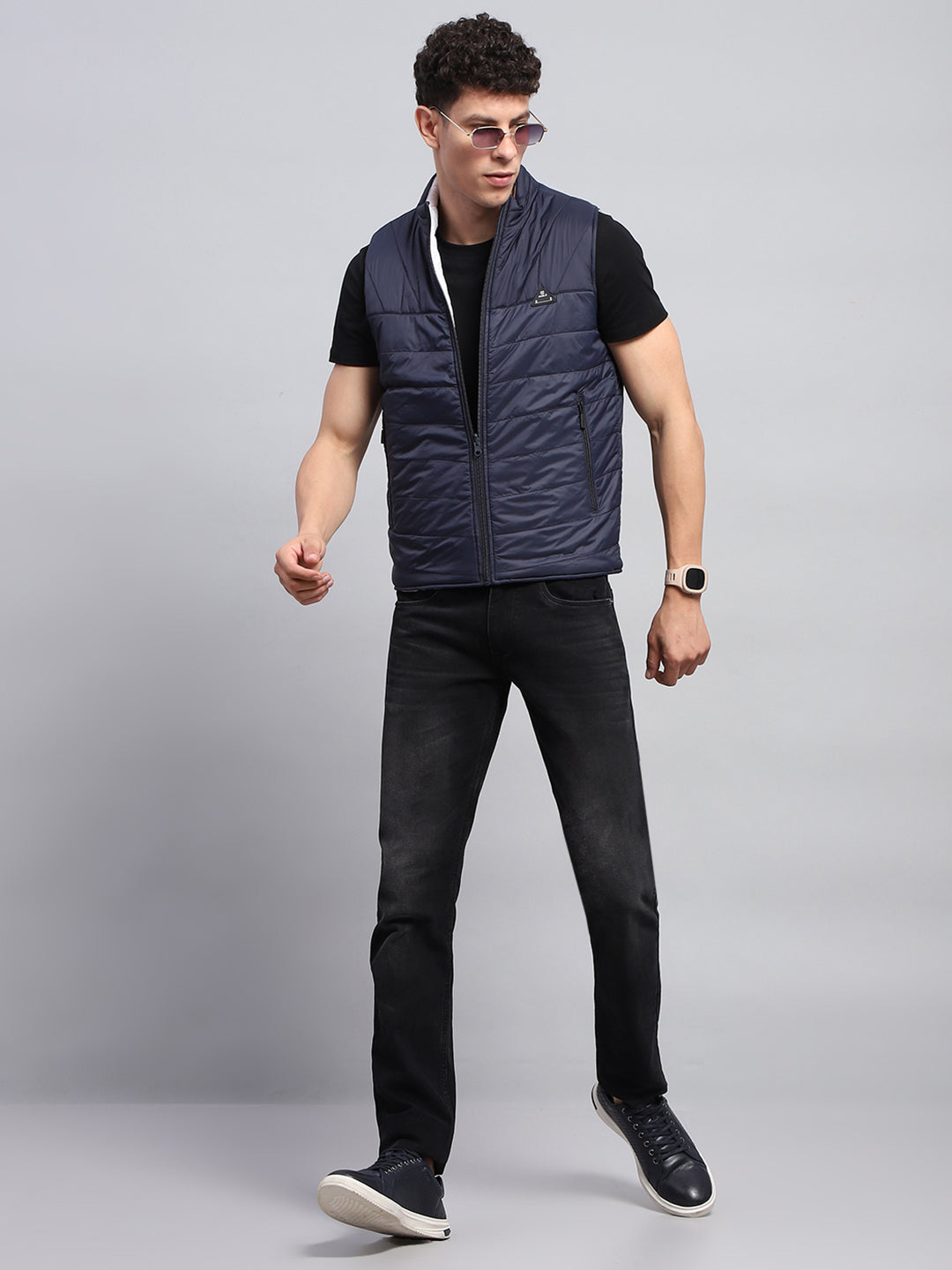 Rock.it Men Navy Blue Solid Mock Neck Sleeveless Reversible Jacket