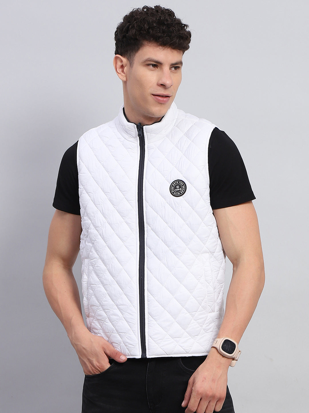 Rock.it Men Navy Blue Solid Mock Neck Sleeveless Reversible Jacket