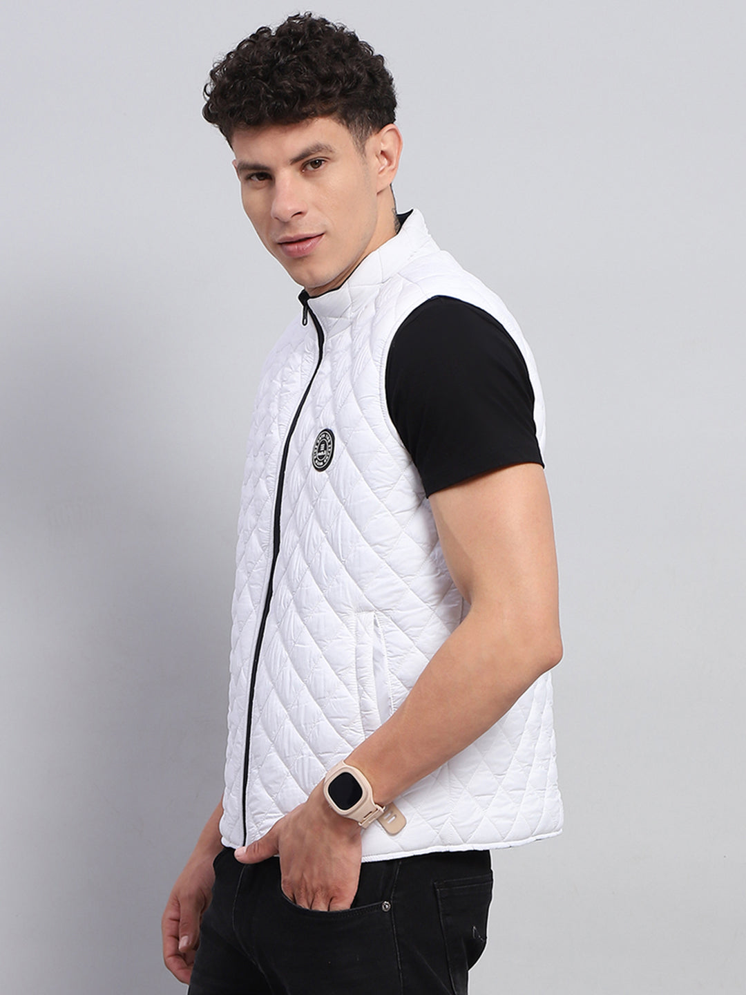 Rock.it Men Navy Blue Solid Mock Neck Sleeveless Reversible Jacket