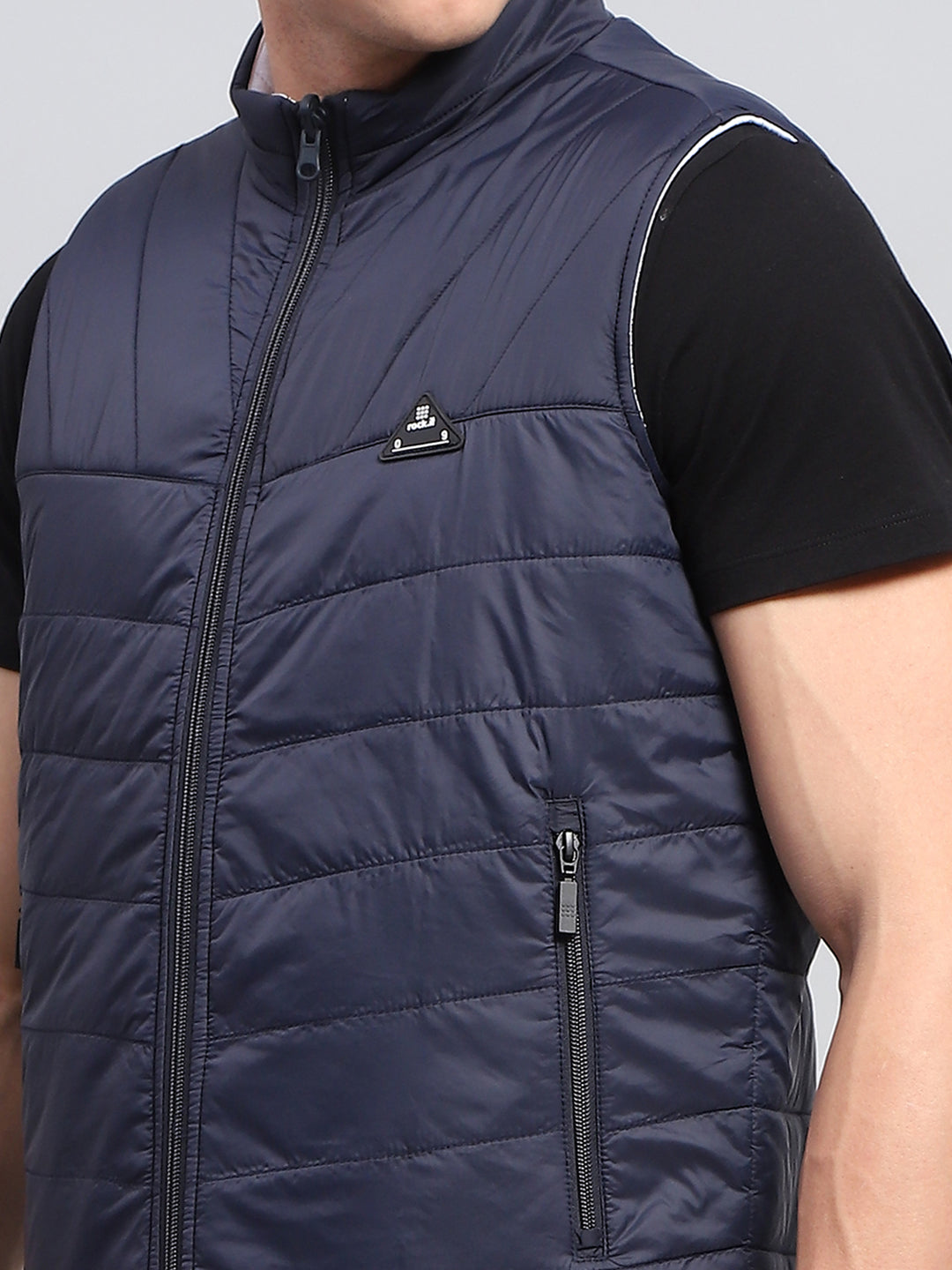 Rock.it Men Navy Blue Solid Mock Neck Sleeveless Reversible Jacket