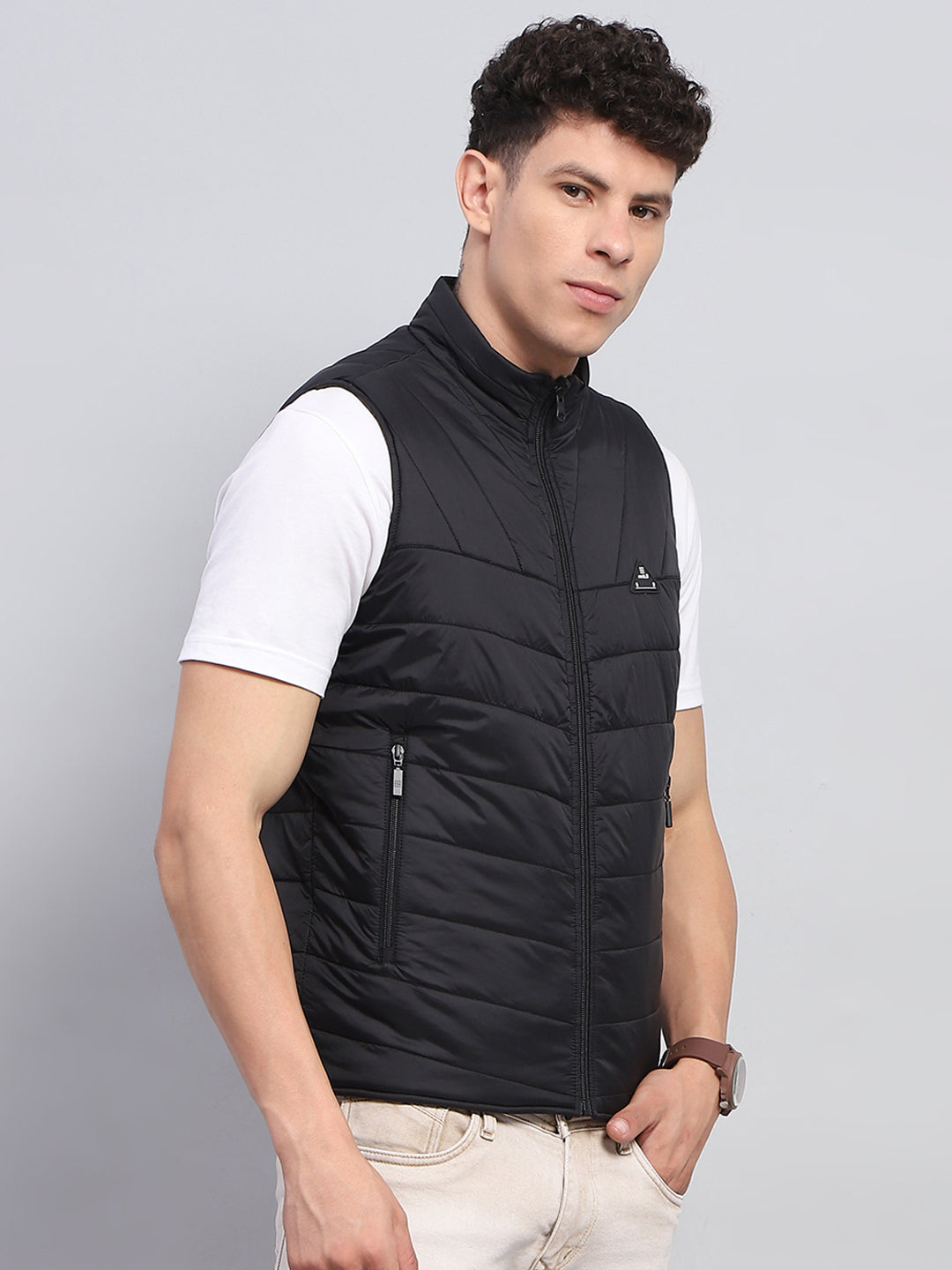 Rock.it Men Black Solid Mock Neck Sleeveless Jacket