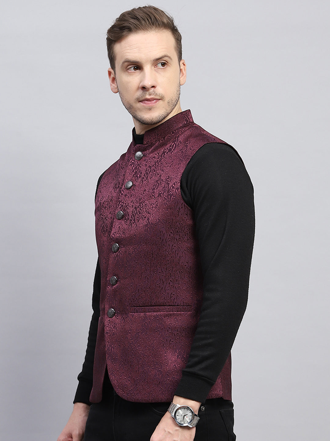 Men Purple Self Design Band Collar Sleeveless Coat