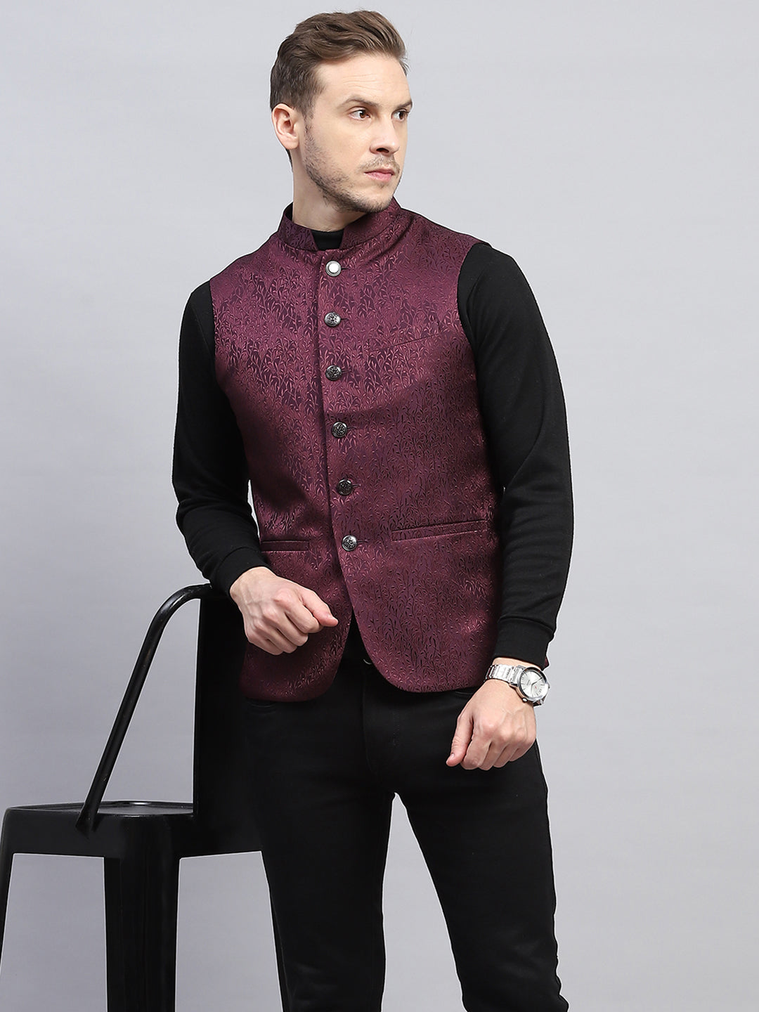 Men Purple Self Design Band Collar Sleeveless Coat