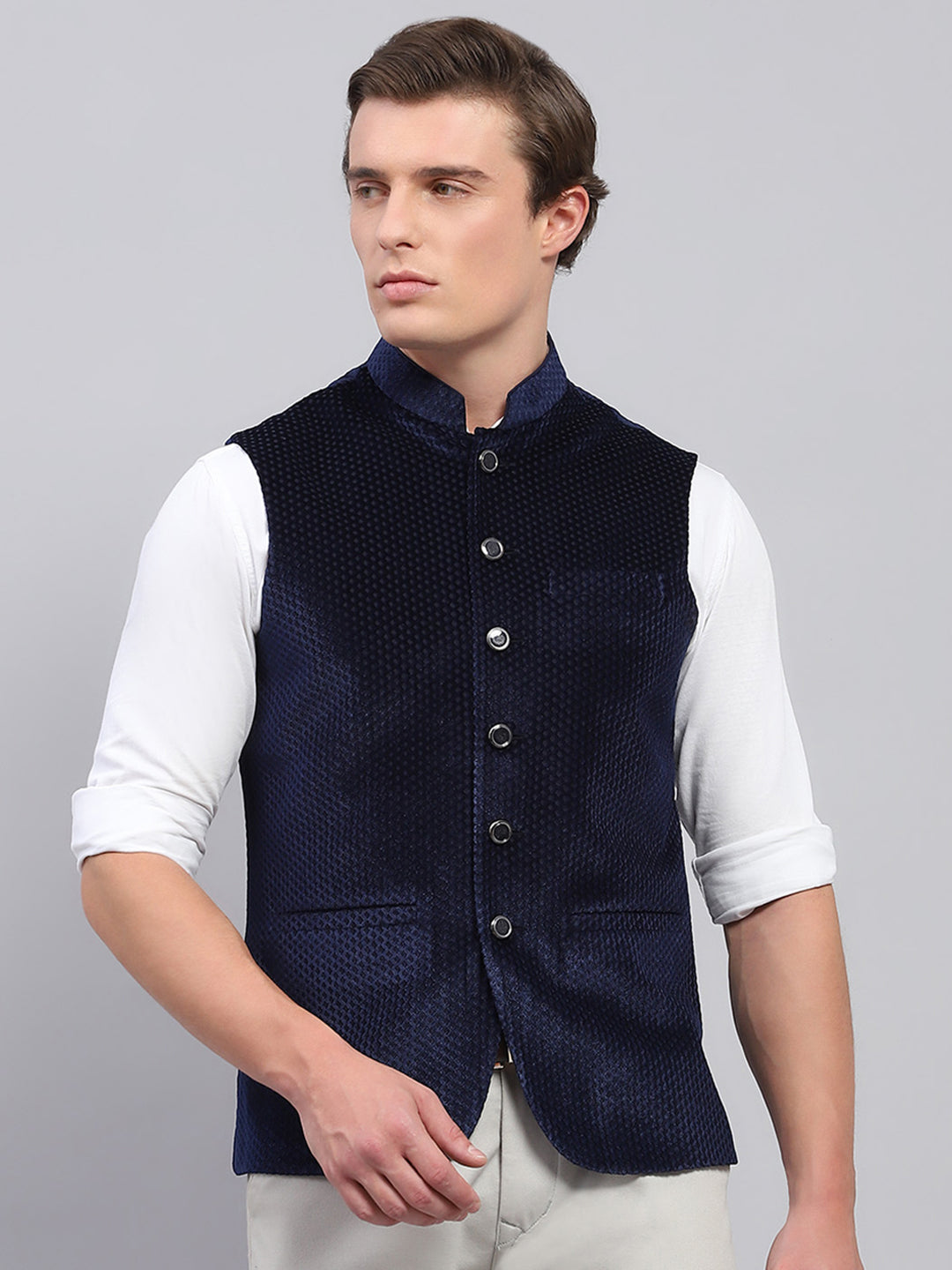 Buy Men Navy Blue Self Design Band Collar Sleeveless Coat Online