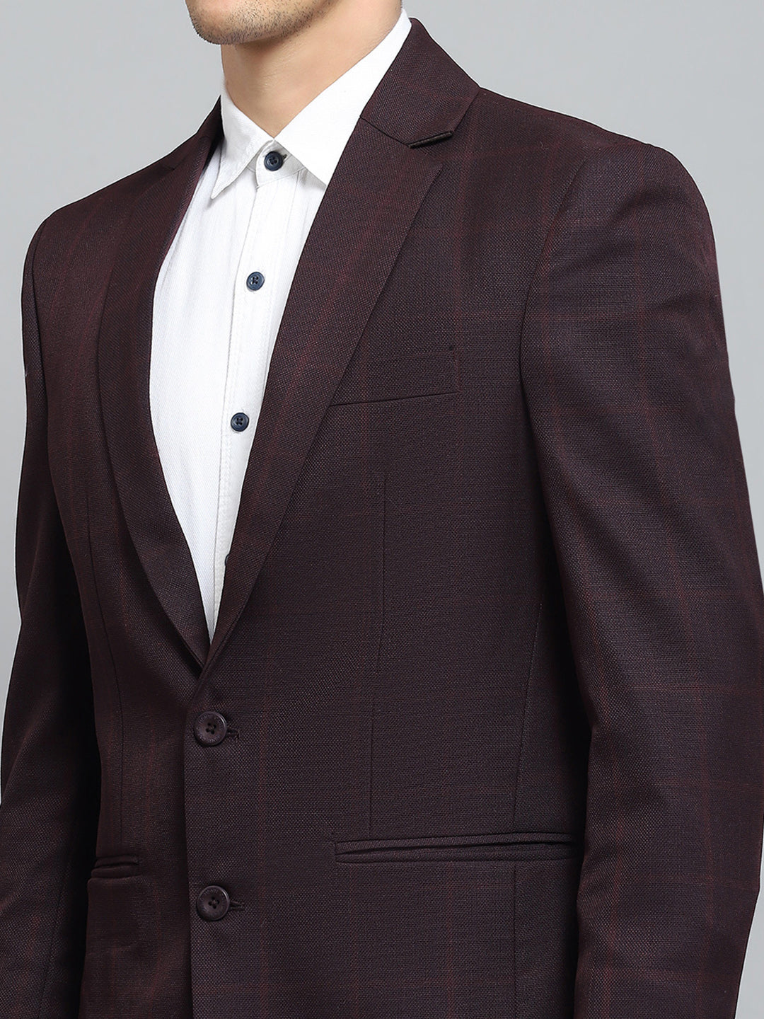 Men Maroon Solid Notch Lapel Collar Full Sleeve Blazer