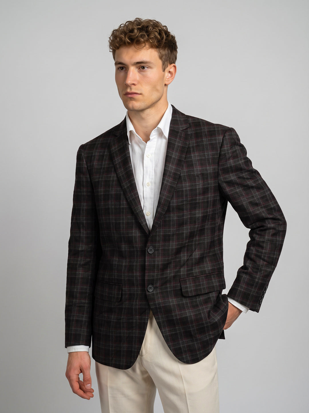 Men Black Check Lapel Collar Full Sleeve Coat
