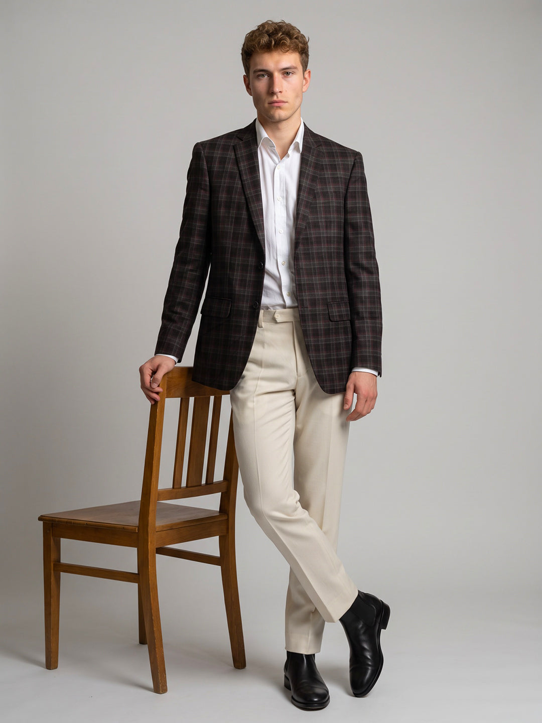 Men Black Check Lapel Collar Full Sleeve Coat