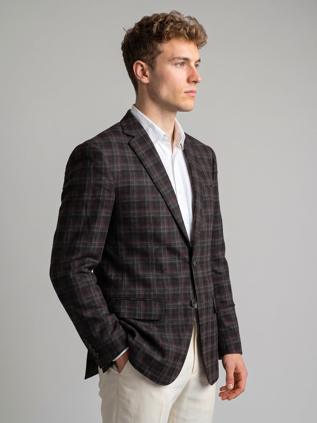 Men Black Check Lapel Collar Full Sleeve Coat
