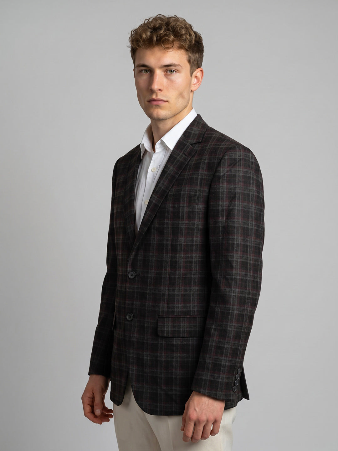 Men Black Check Lapel Collar Full Sleeve Coat