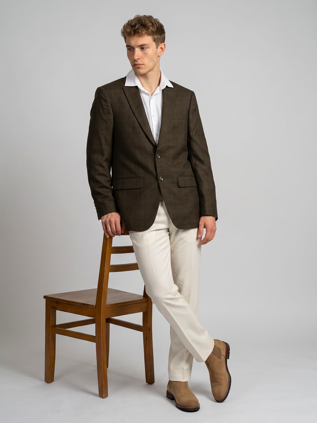 Men Brown Check Lapel Collar Full Sleeve Coat