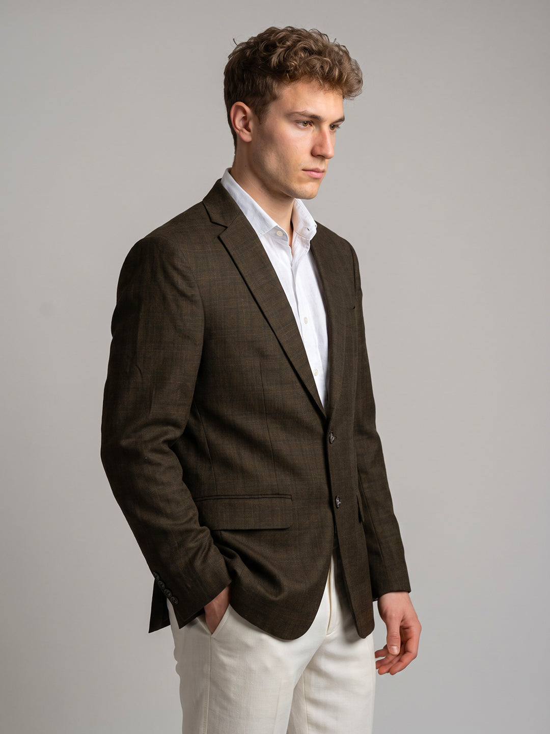 Men Brown Check Lapel Collar Full Sleeve Coat