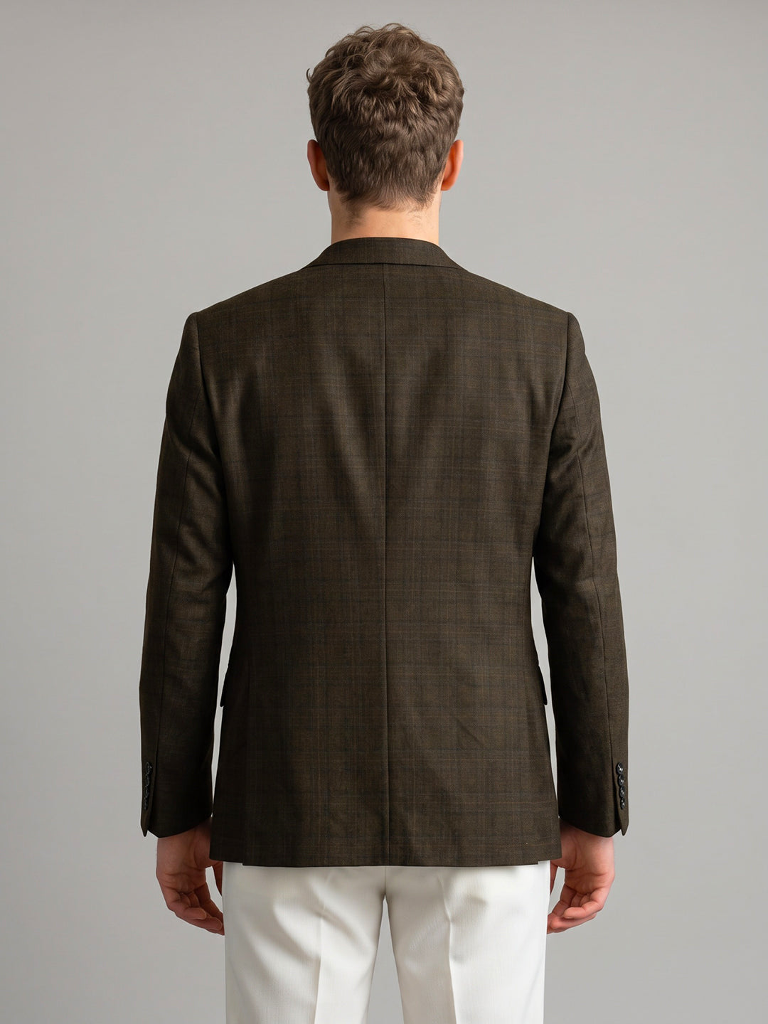 Men Brown Check Lapel Collar Full Sleeve Coat