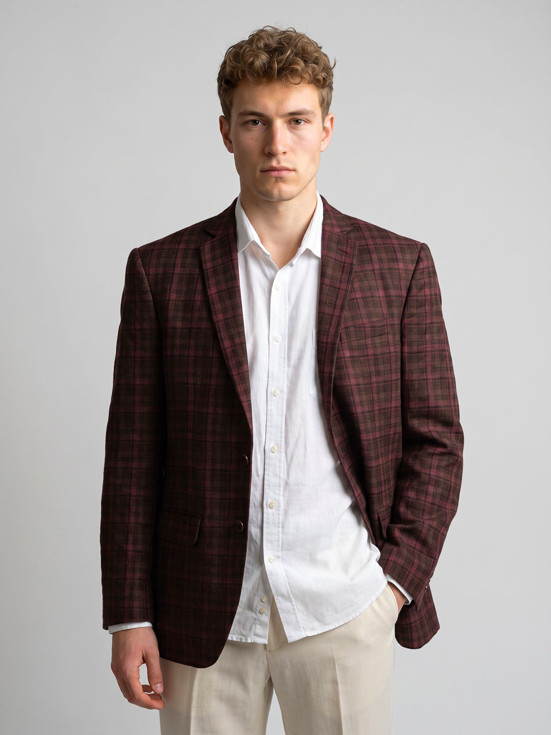 Men Maroon Check Lapel Collar Full Sleeve Coat