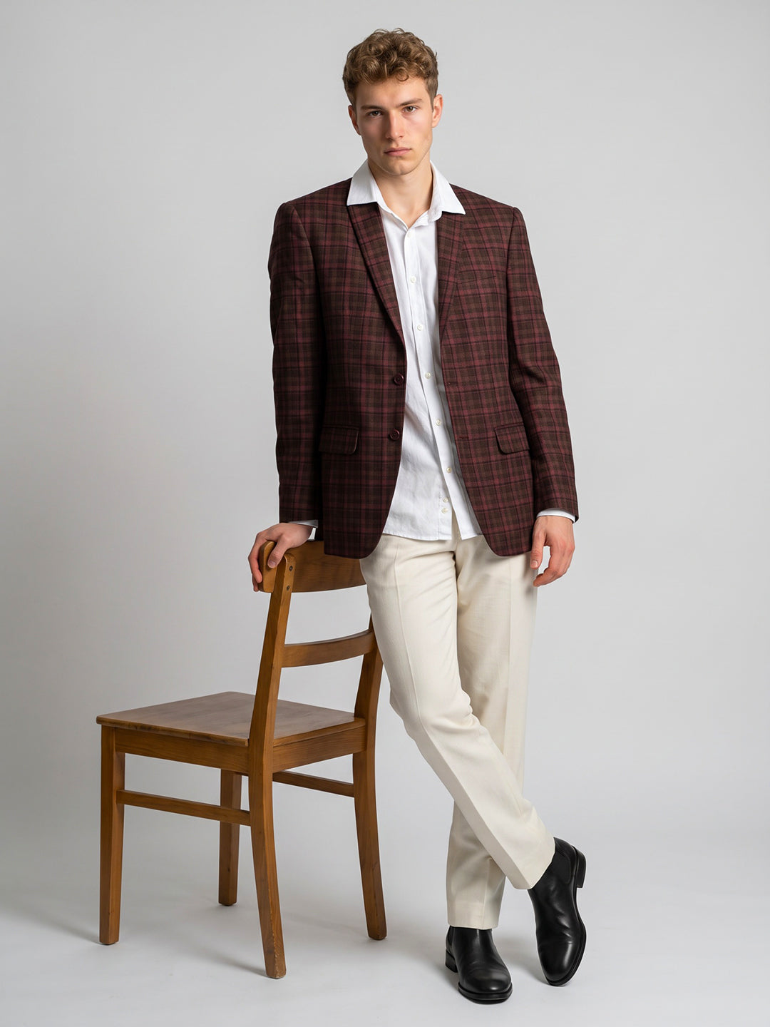 Men Maroon Check Lapel Collar Full Sleeve Coat