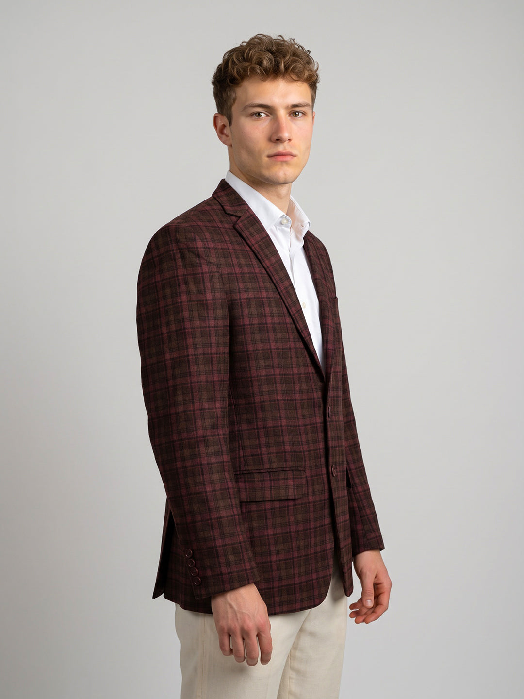 Men Maroon Check Lapel Collar Full Sleeve Coat
