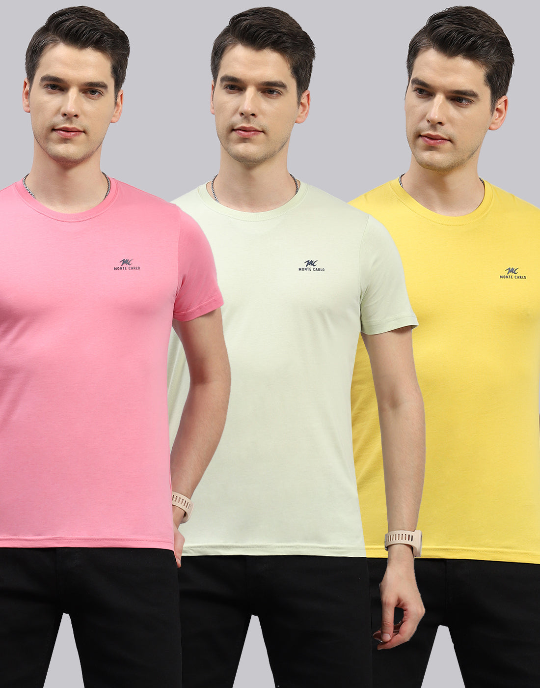 Men Green, Pink & Yellow Solid Round Neck Half Sleeve T-Shirt (Pack of 3)
