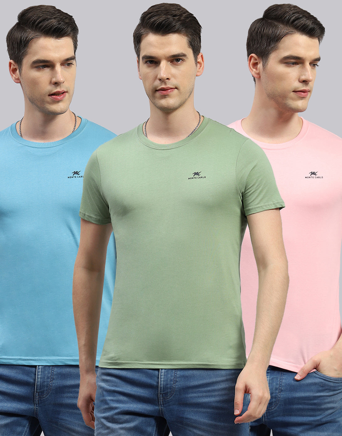 Men Green, Blue & Pink Solid Round Neck Half Sleeve T-Shirt (Pack of 3)