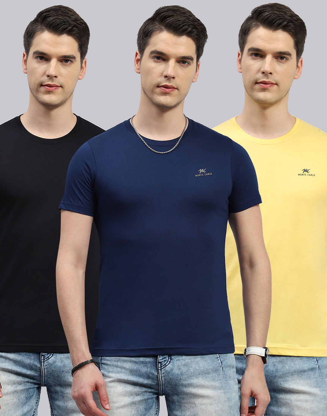 Men Blue, Black & Yellow Solid Round Neck Half Sleeve T-Shirt (Pack of 3)