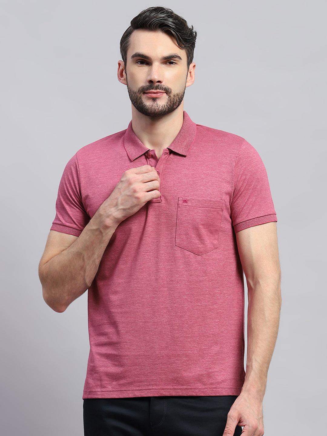 Men Pink Solid Collar Half Sleeve T-Shirt