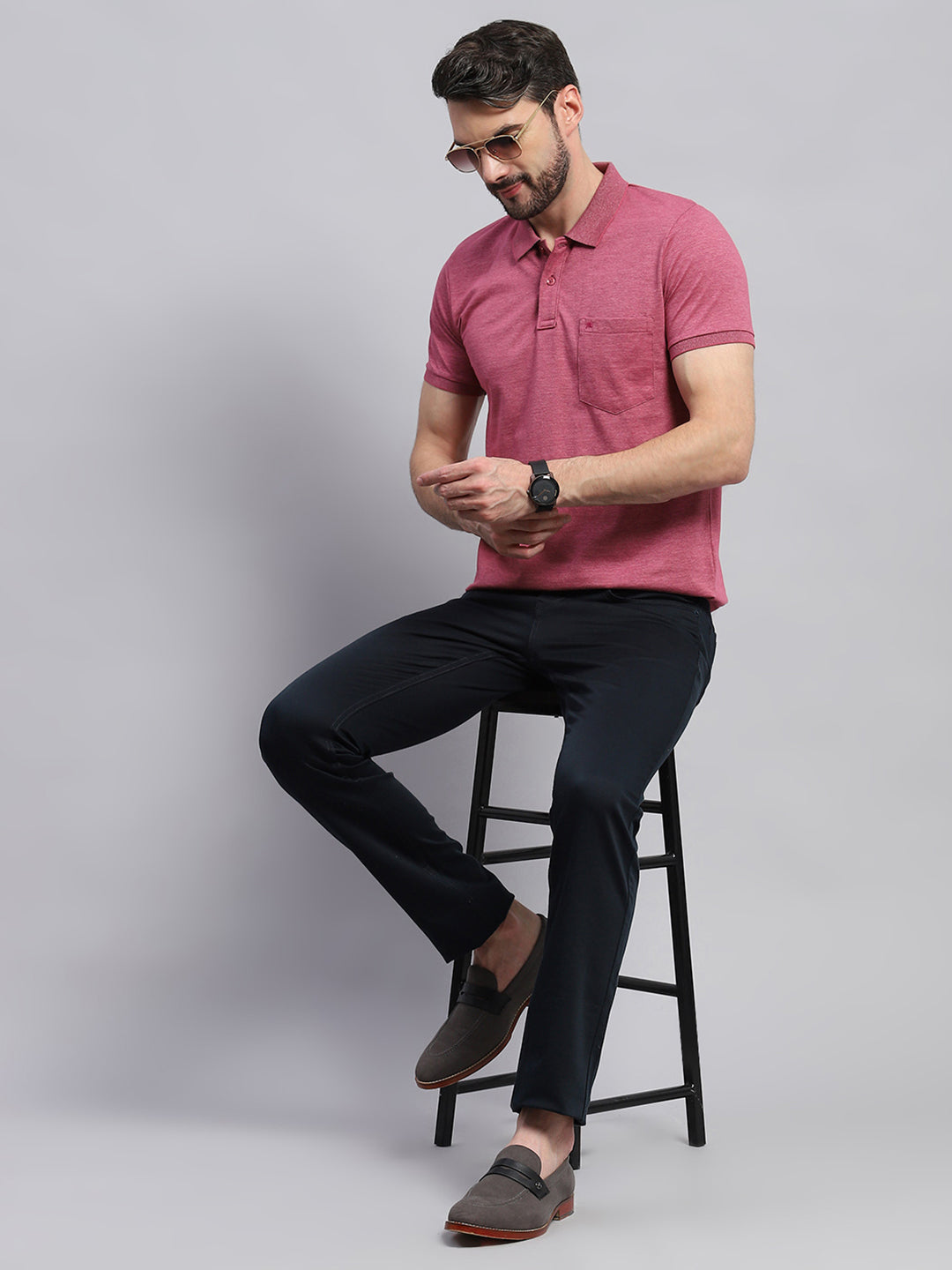 Men Pink Solid Collar Half Sleeve T-Shirt