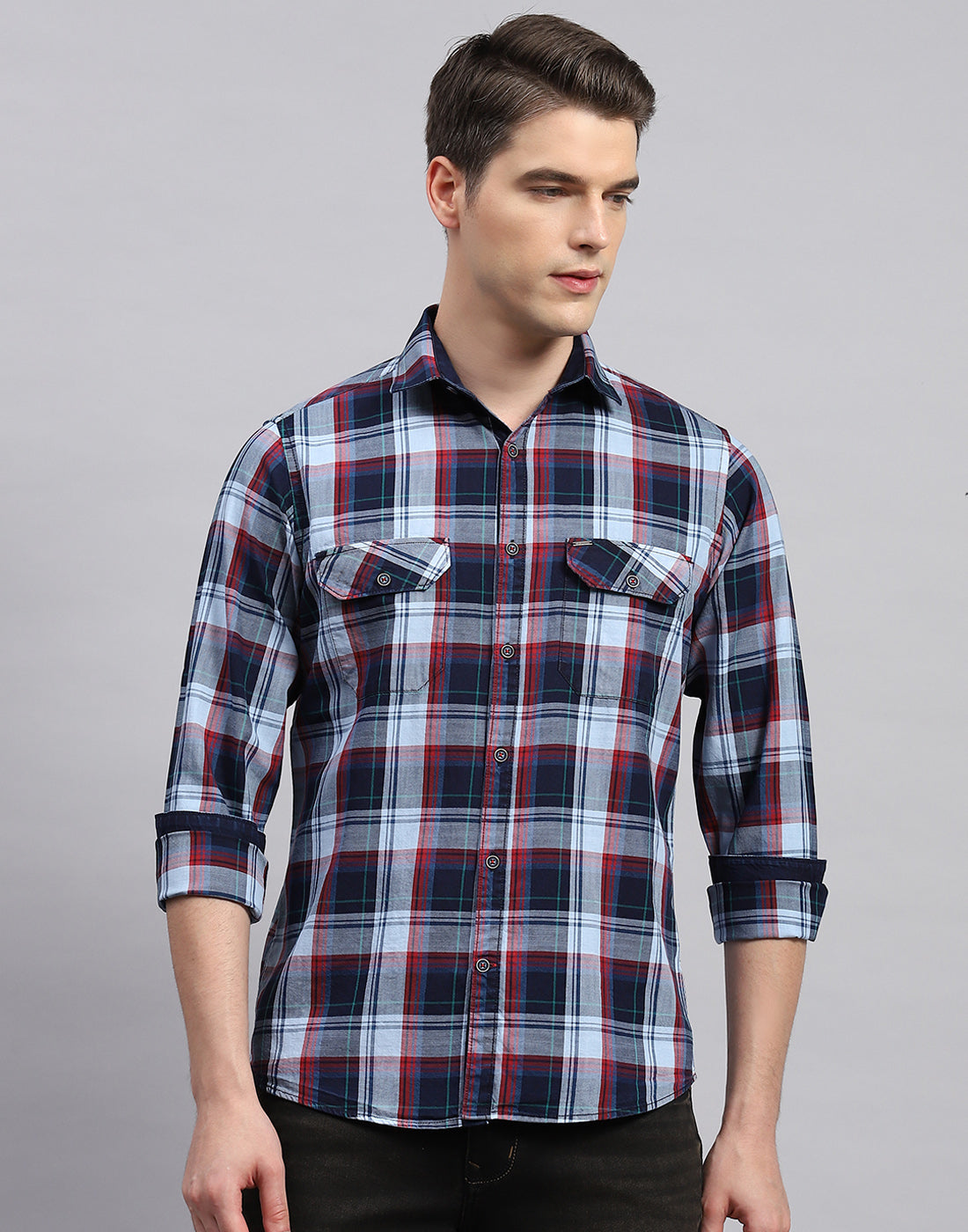 Men Blue Check Collar Neck Full Sleeve Shirt