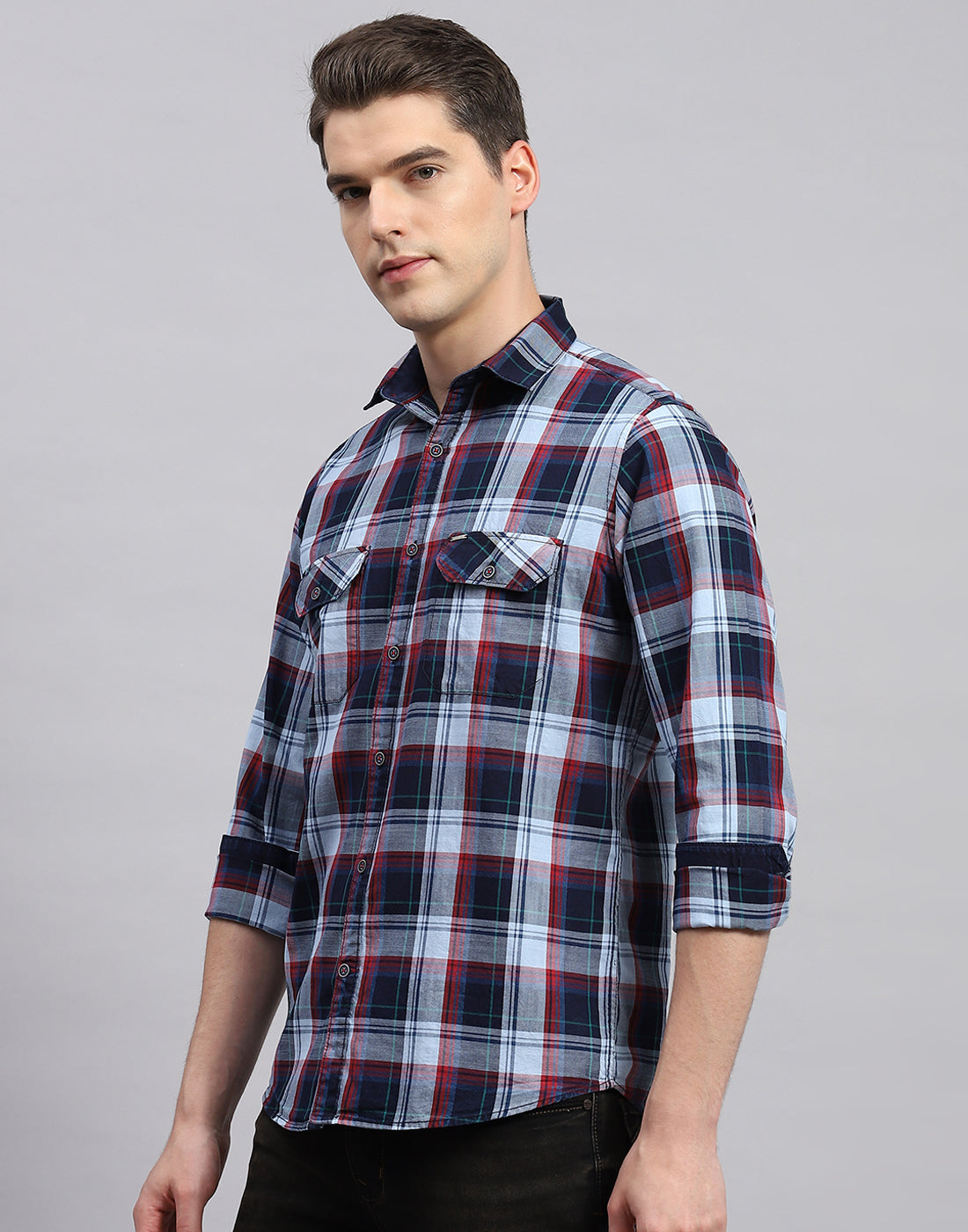 Men Blue Check Collar Neck Full Sleeve Shirt