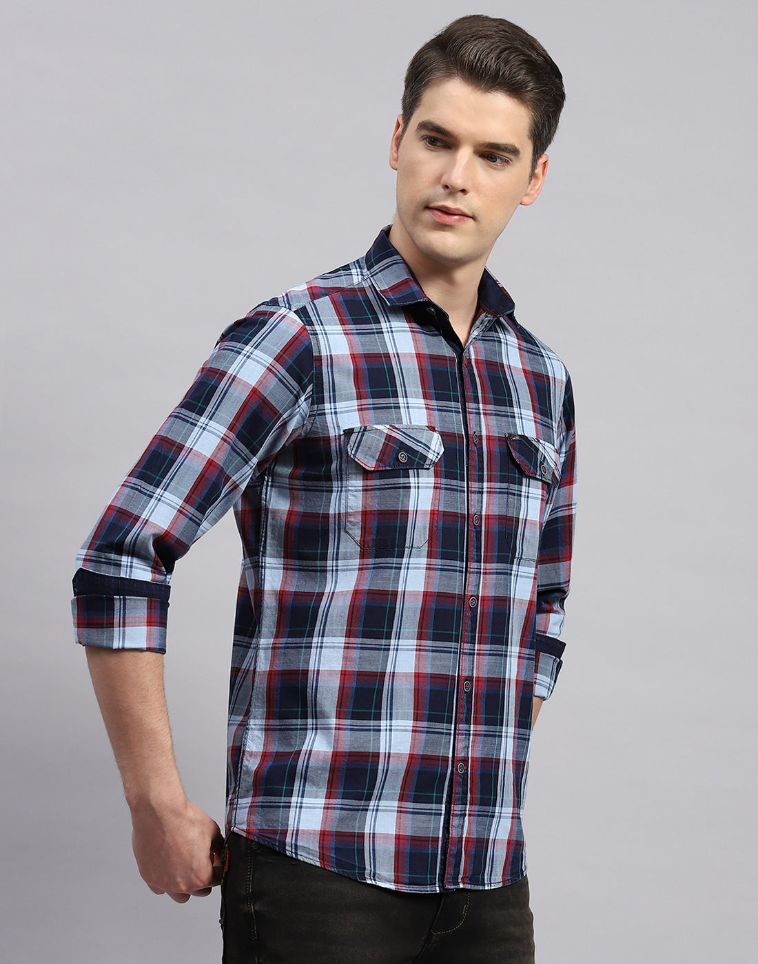 Men Blue Check Collar Neck Full Sleeve Shirt