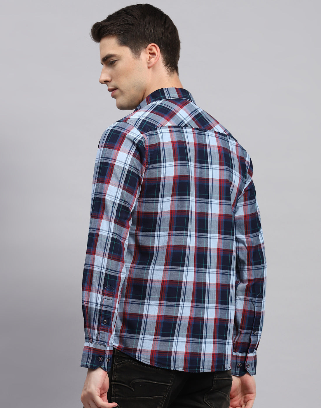 Men Blue Check Collar Neck Full Sleeve Shirt