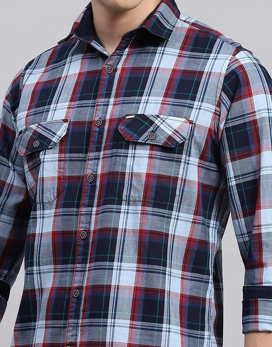 Men Blue Check Collar Neck Full Sleeve Shirt