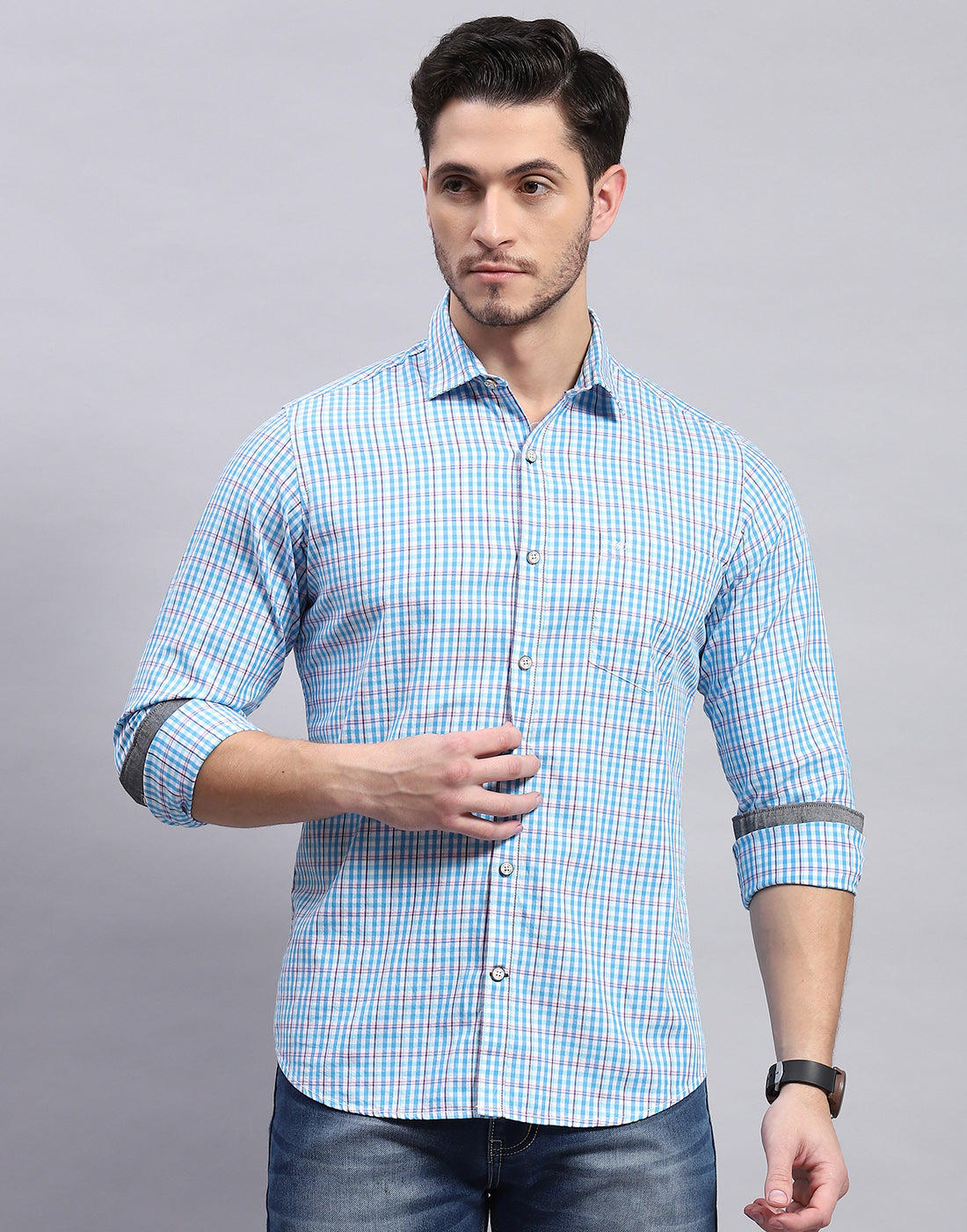 Men Blue Check Collar Full Sleeve Shirt